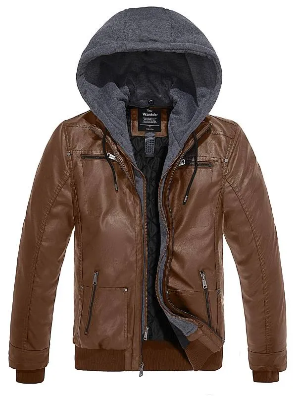 Mens Faux Leather Jacket with Removable Hood