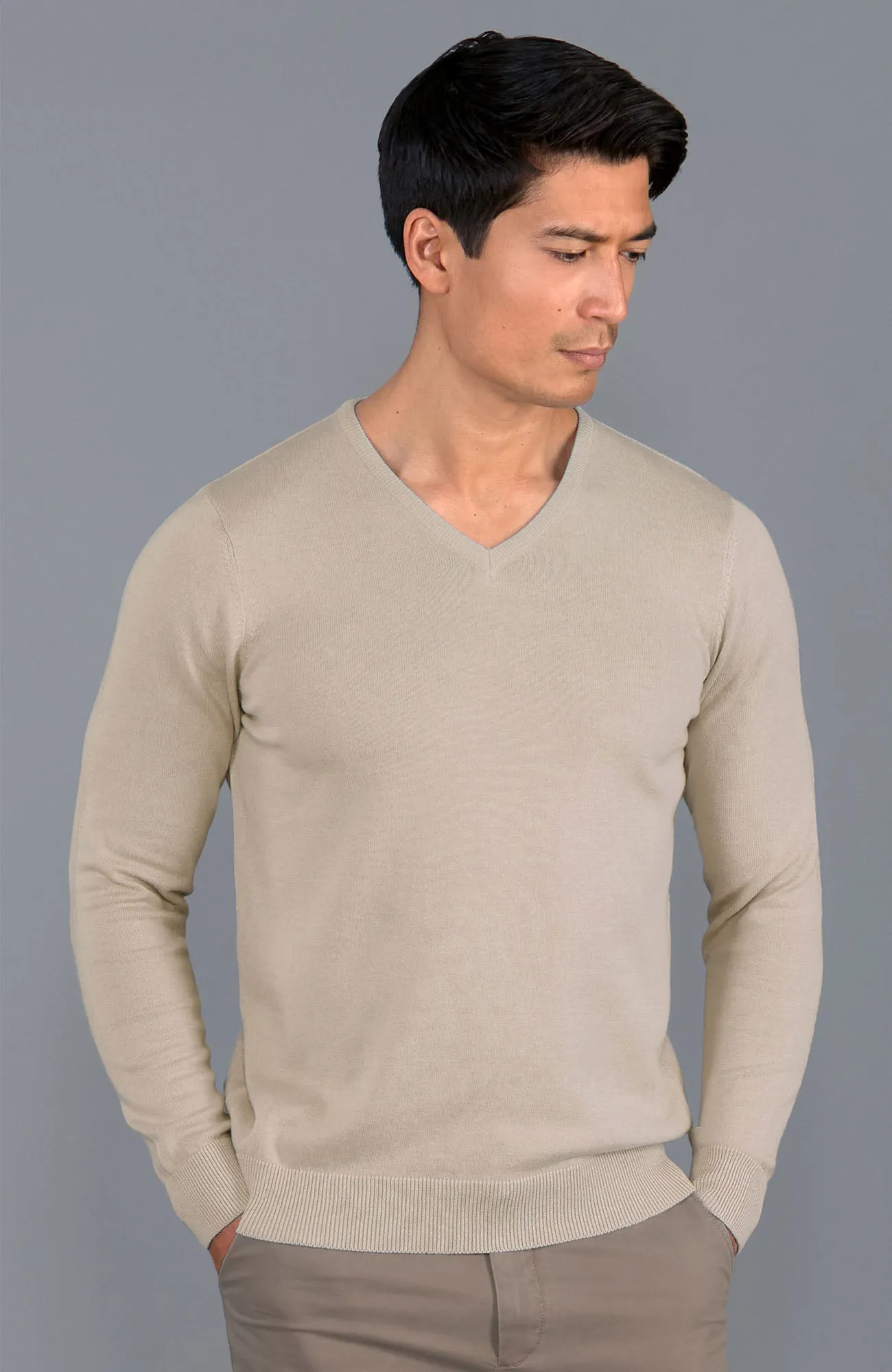 Mens Lighweight Cotton V-Neck Jumper