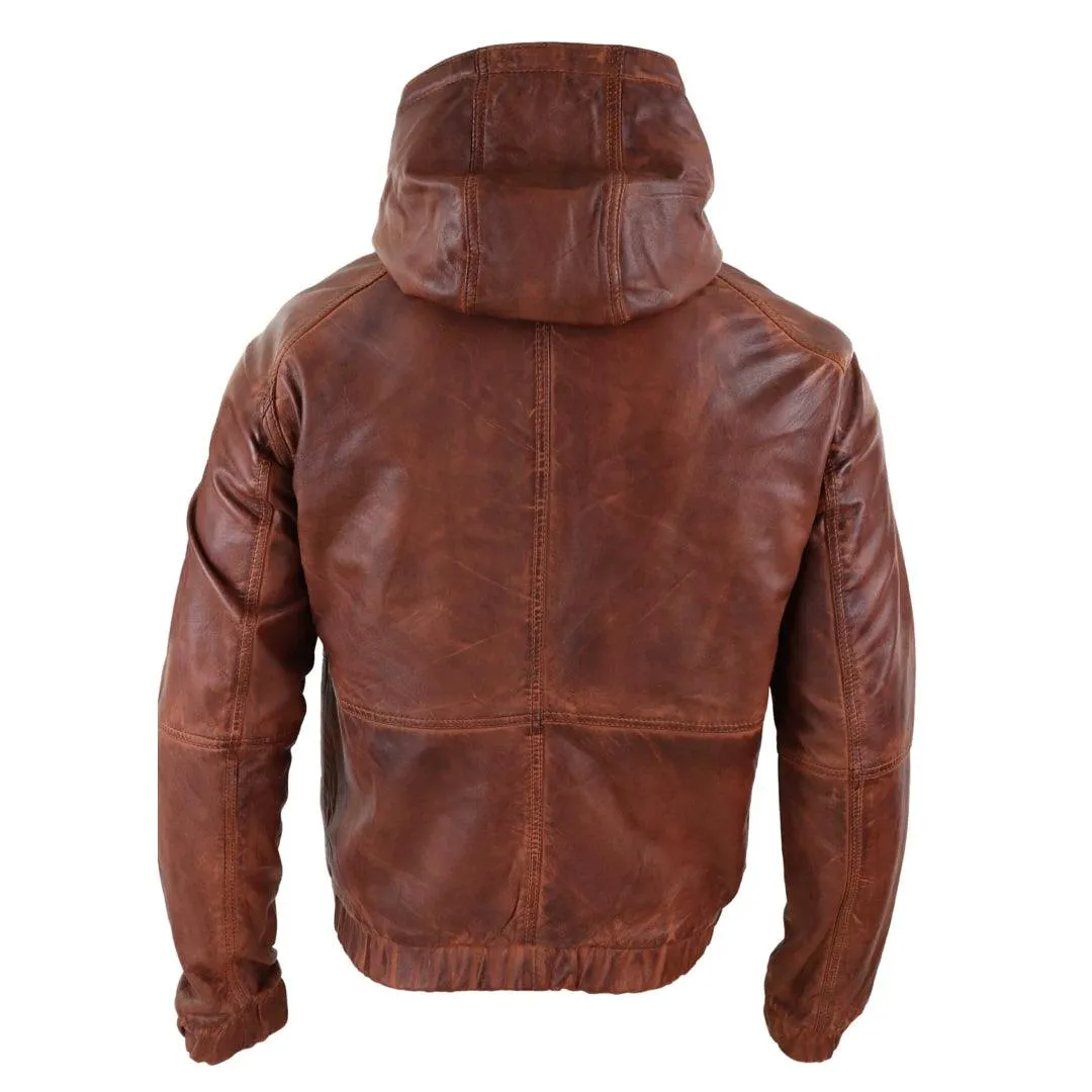 Mens Real Leather Hood Bomber Jacket Tan Brown Black Zipped Tailored Fit Casual