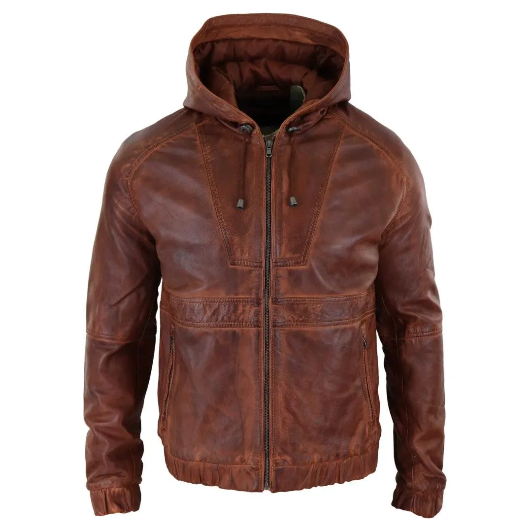 Mens Real Leather Hood Bomber Jacket Tan Brown Black Zipped Tailored Fit Casual