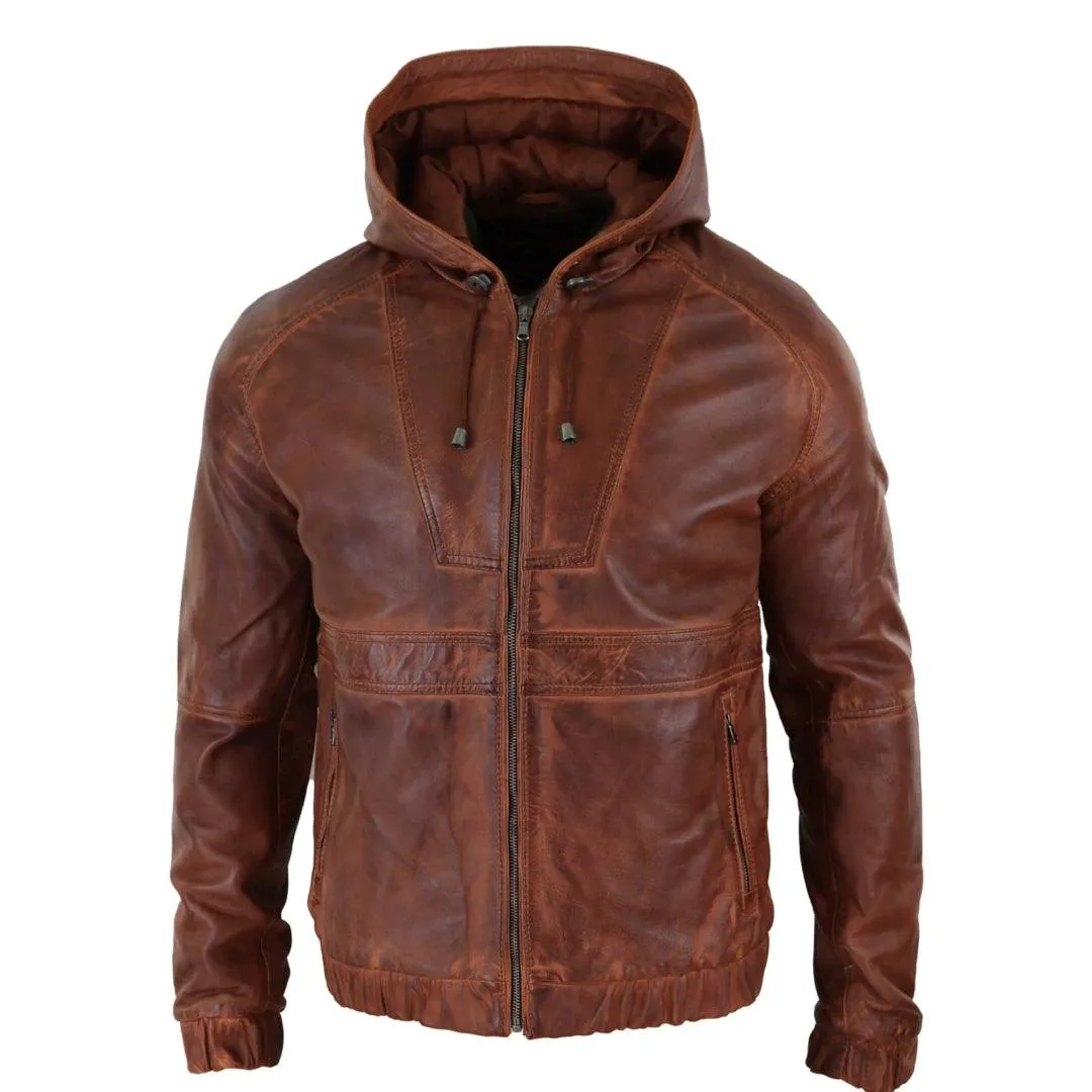 Mens Real Leather Hood Bomber Jacket Tan Brown Black Zipped Tailored Fit Casual