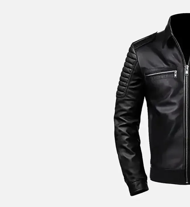 Men's Slimfit Cafe Racer Style Black Leather Jacket