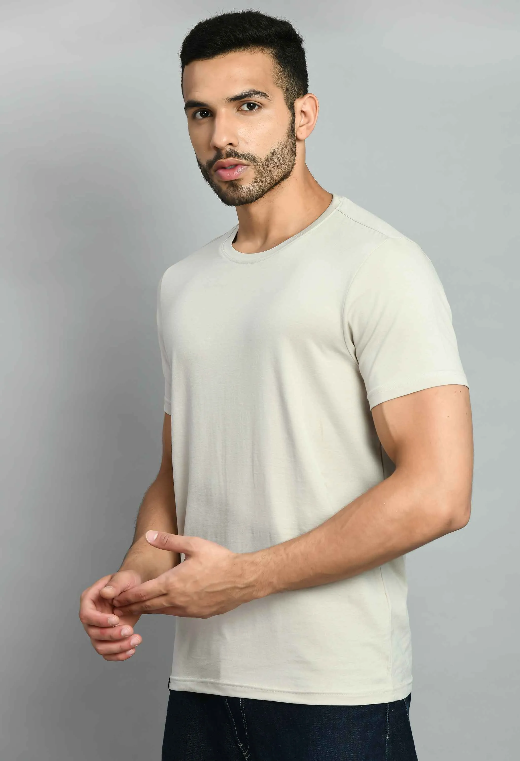 Men's Solid Beige Casual T-Shirt