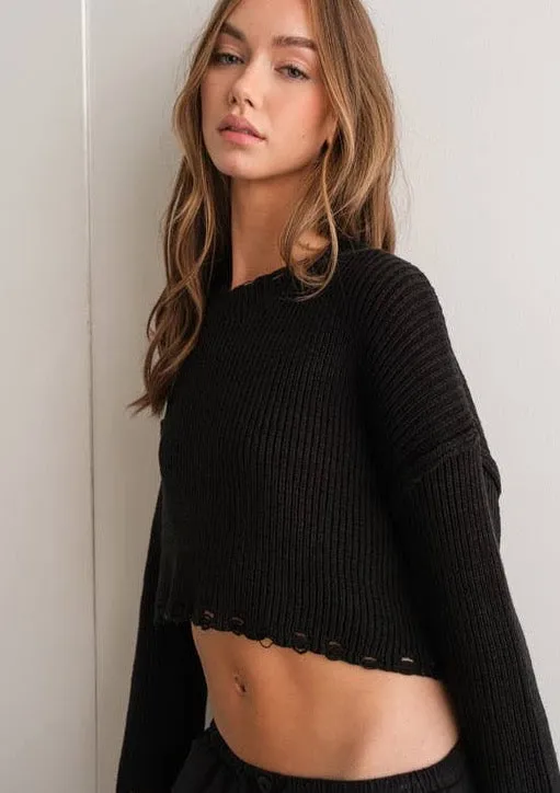 Midnight Runaway Distressed Cropped Sweater