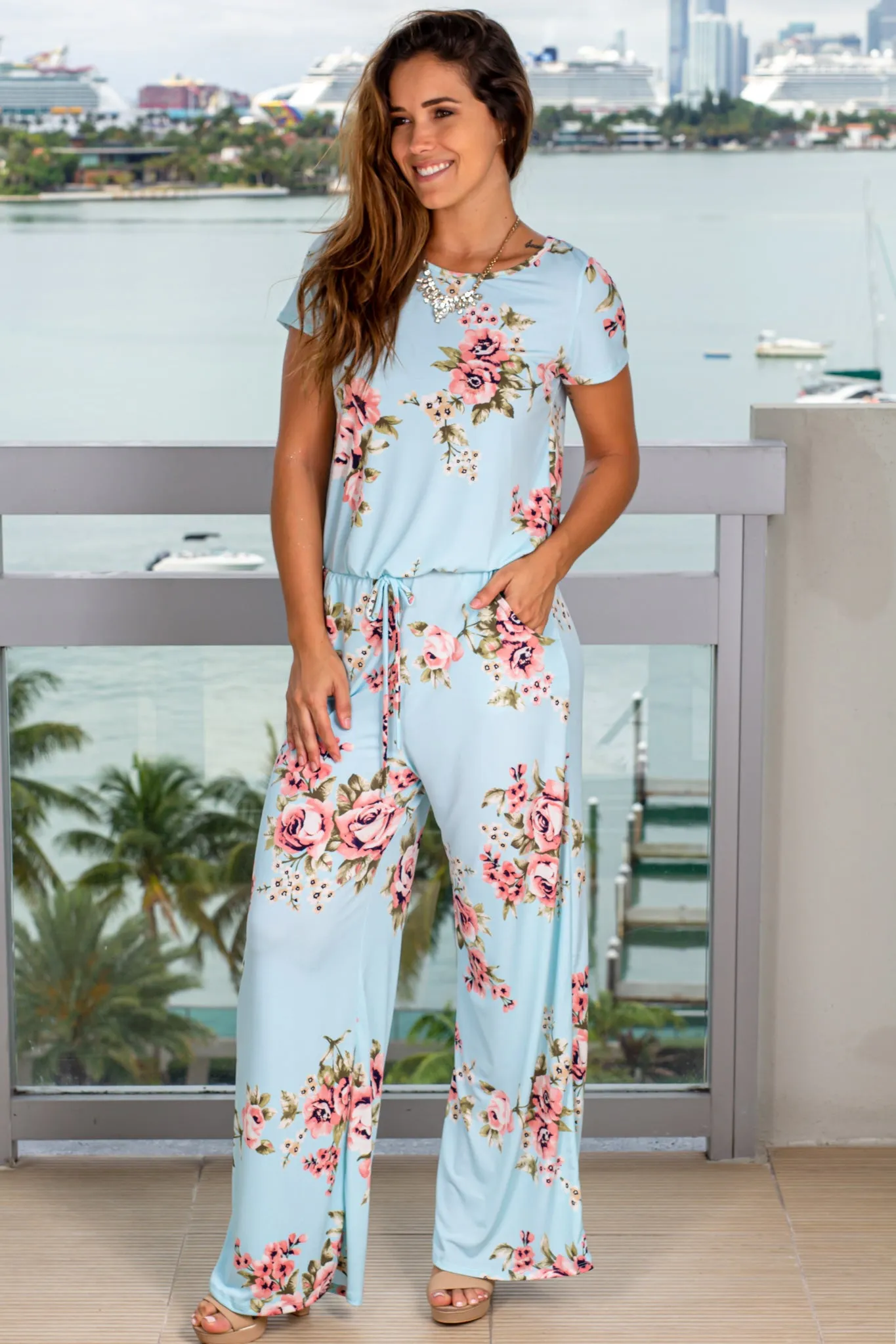 Mint Floral Jumpsuit with Sleeves