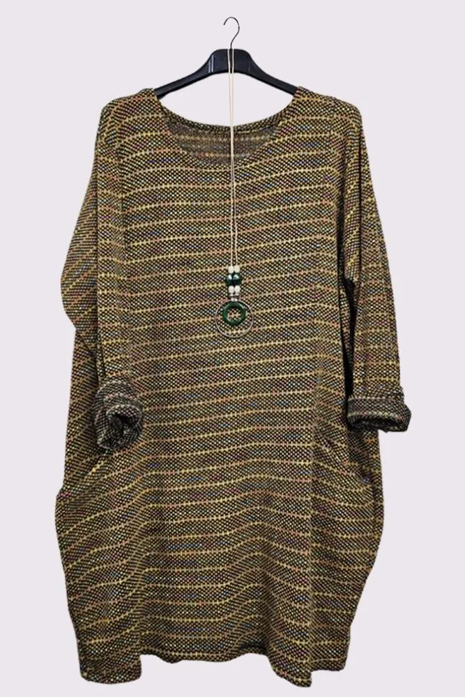 Multicoloured Stripes Front Pockets Necklace Dress