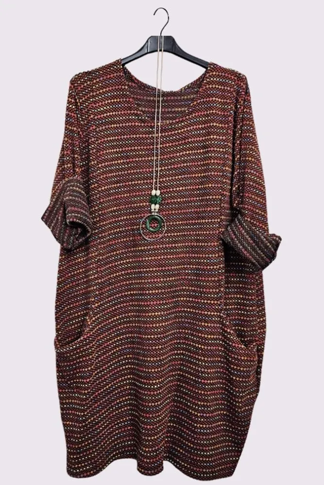 Multicoloured Stripes Front Pockets Necklace Dress