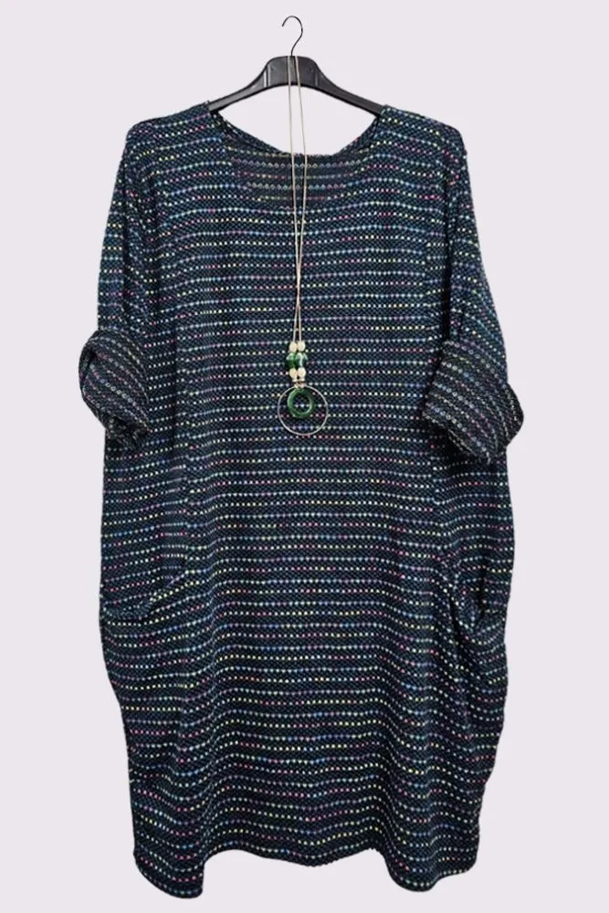 Multicoloured Stripes Front Pockets Necklace Dress