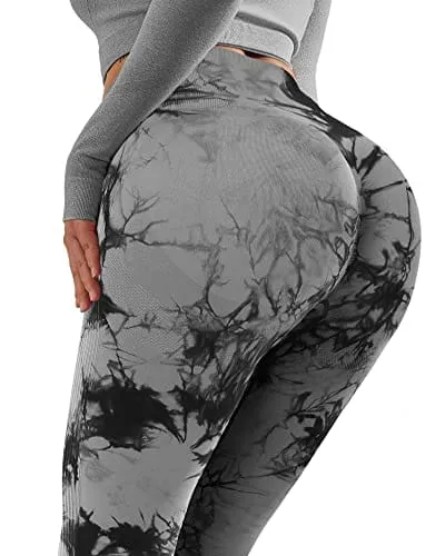 NORMOV Butt Lifting Workout Leggings for Women,Seamless High Waist Gym Yoga Pants Tie Dye Black