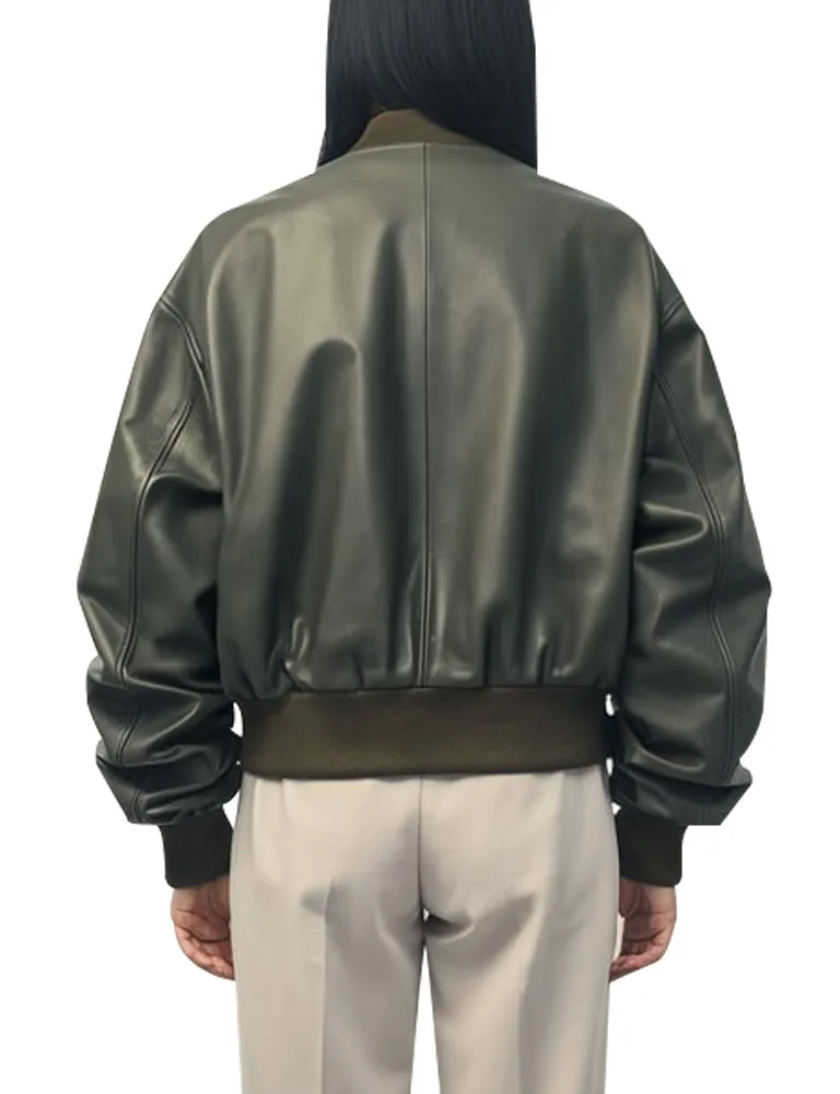 Olive Green Leather Bomber Jacket For Women