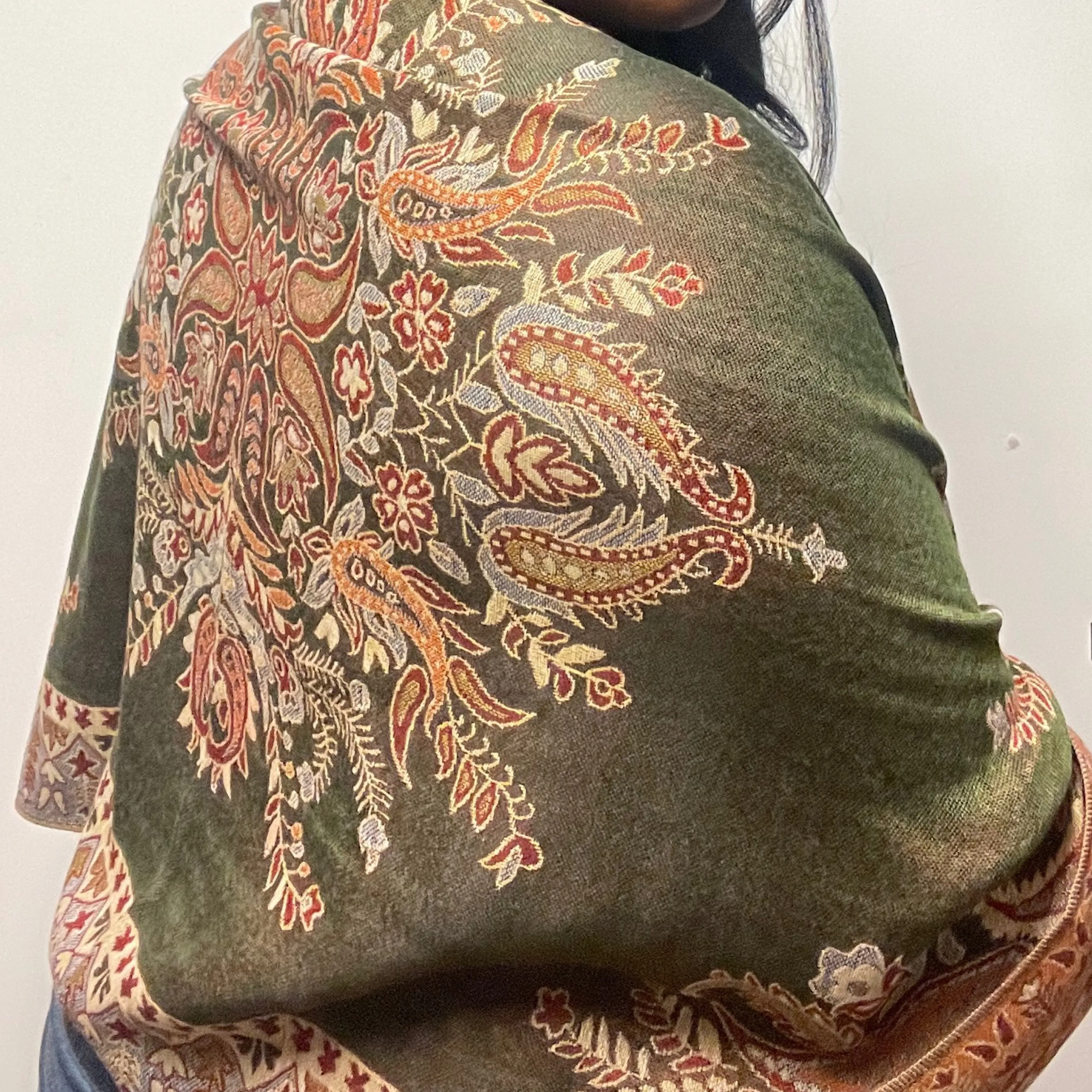 Olive Paisley Multicolored Pashmina Scarf (with gift box)