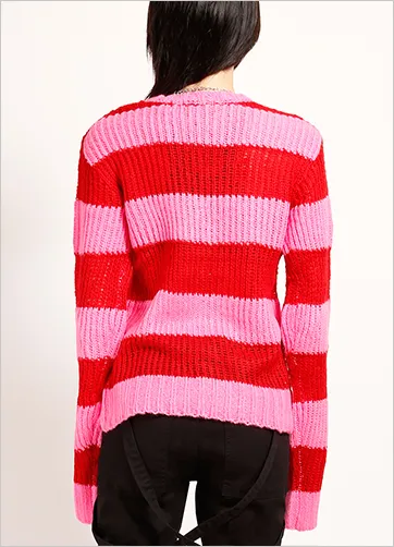 OPEN STRIPE SWEATER PNK/RED