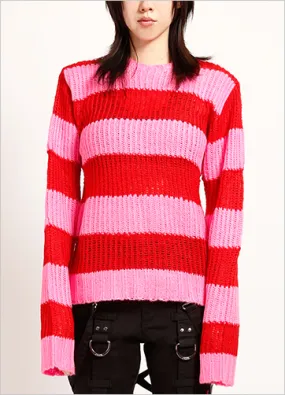 OPEN STRIPE SWEATER PNK/RED