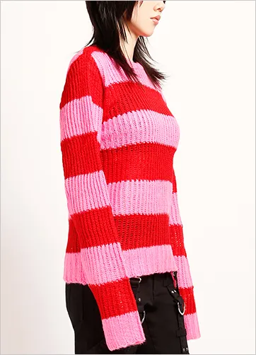 OPEN STRIPE SWEATER PNK/RED