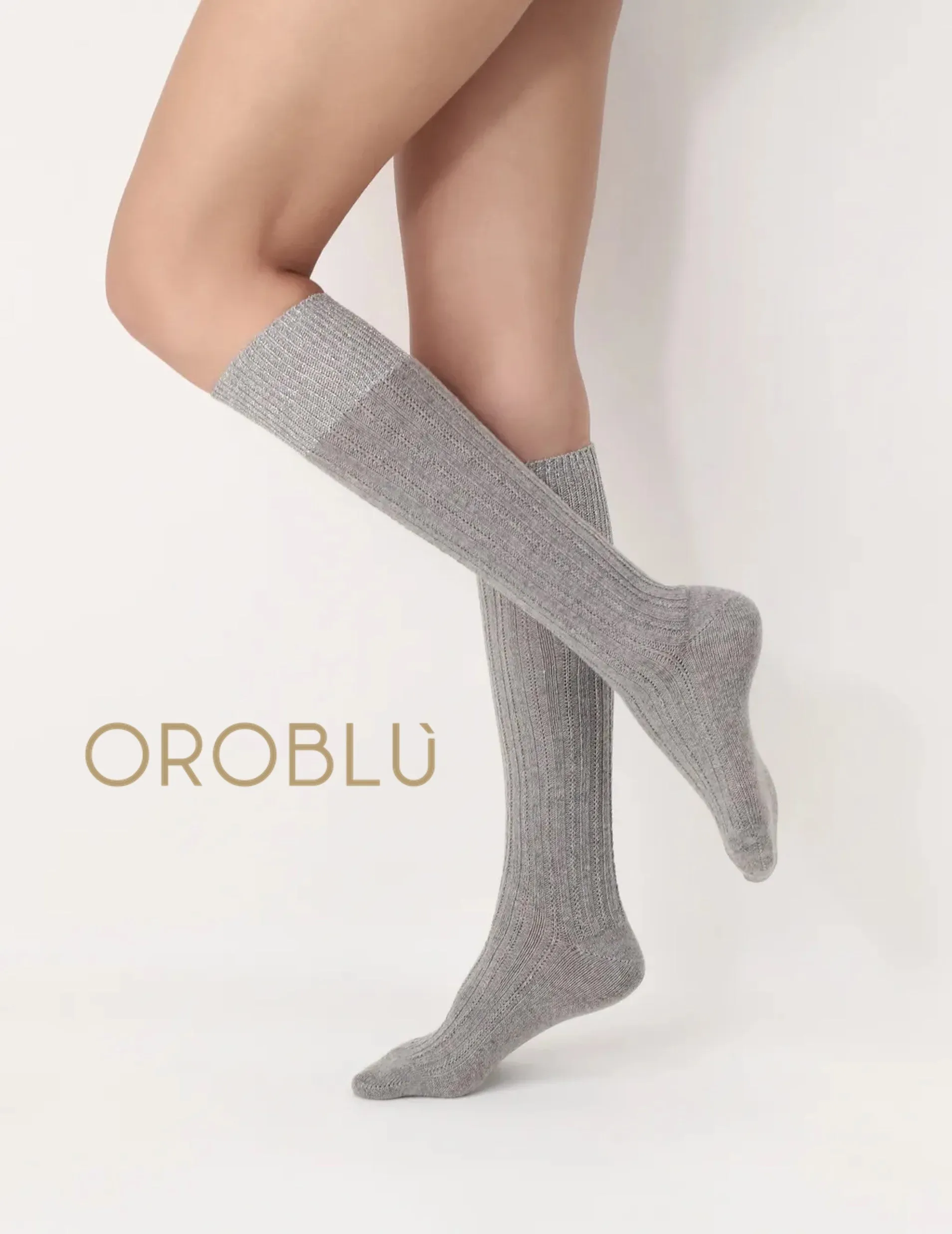 Oroblu Jasmine Aplaca Wool & Cotton Knee High Socks Grey Melange VOBFAF10K0