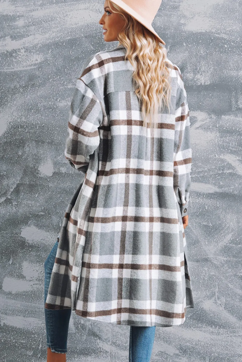 Plaid Button Down Side Slit Dropped Shoulder Duster Coat