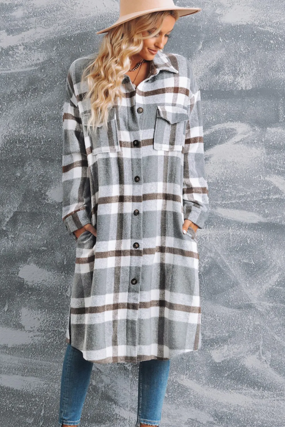 Plaid Button Down Side Slit Dropped Shoulder Duster Coat