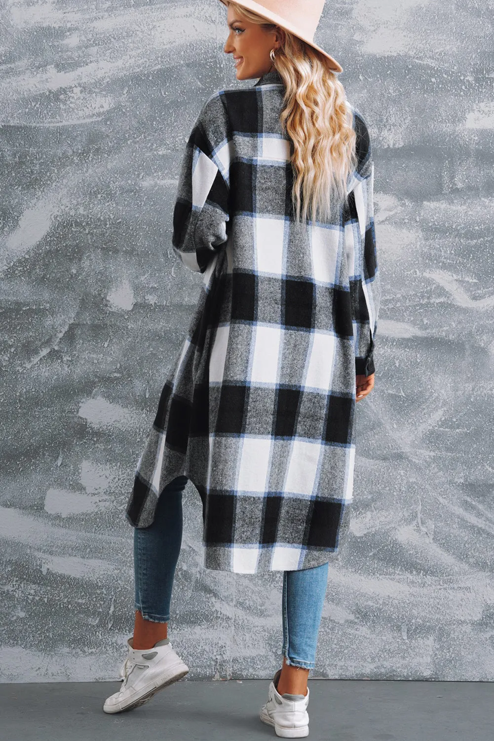 Plaid Button Front Side Slit Duster Coat