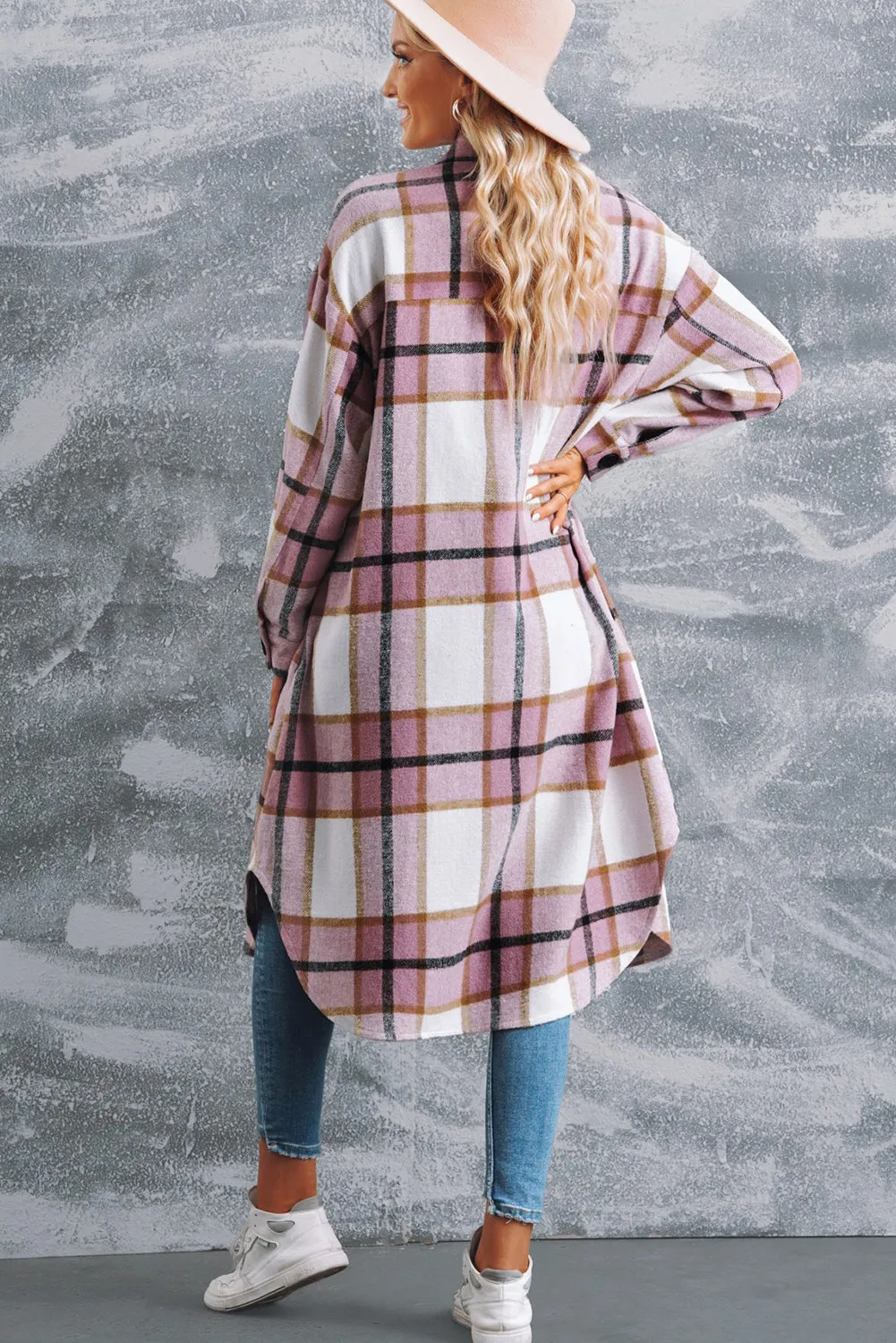 Plaid Button Front Side Slit Duster Coat