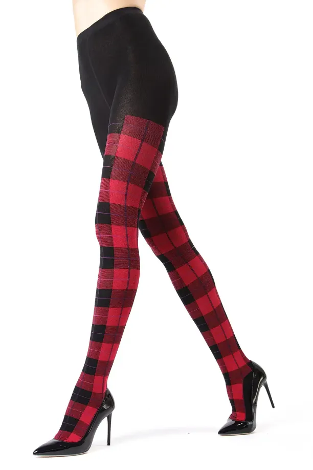 Plaid Sweater Tights - Black & Red