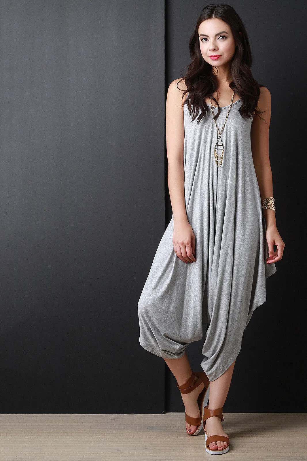 Plunging Neckline Draping Oversize Jumpsuit