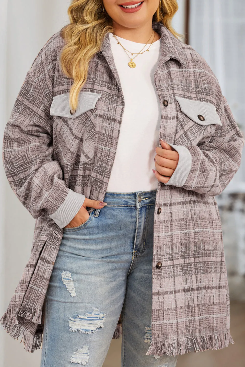 Plus Size Plaid Tweed Buttoned Coat