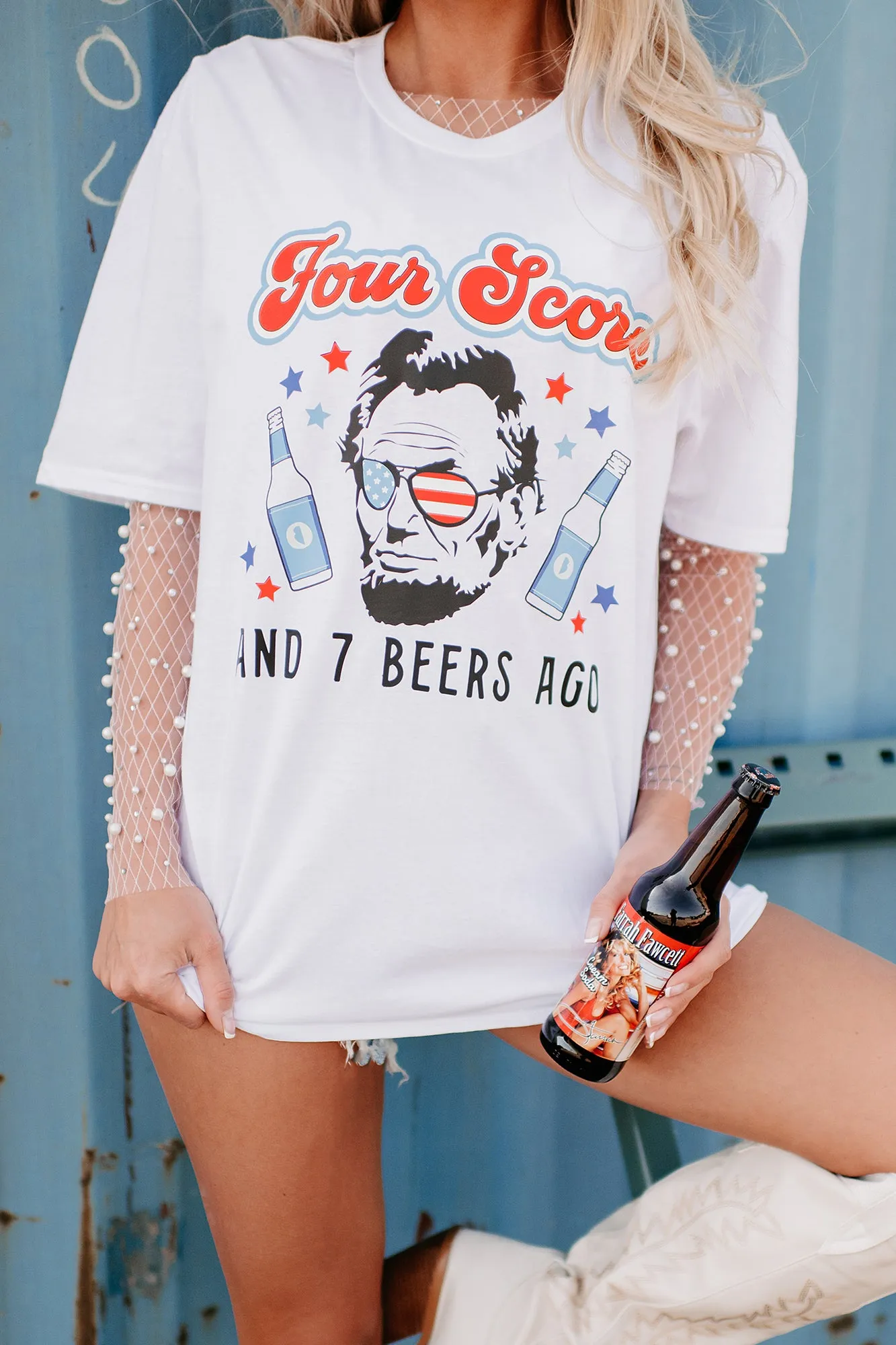 "Four Score And 7 Beers Ago" Graphic T-Shirt (White) - Print On Demand