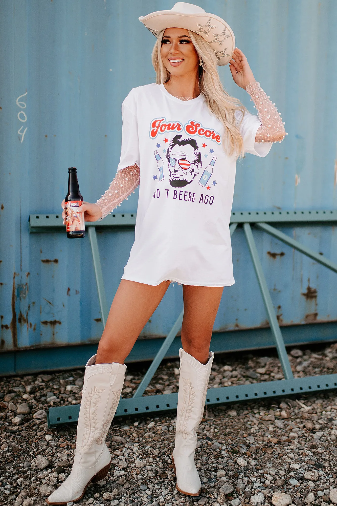 "Four Score And 7 Beers Ago" Graphic T-Shirt (White) - Print On Demand