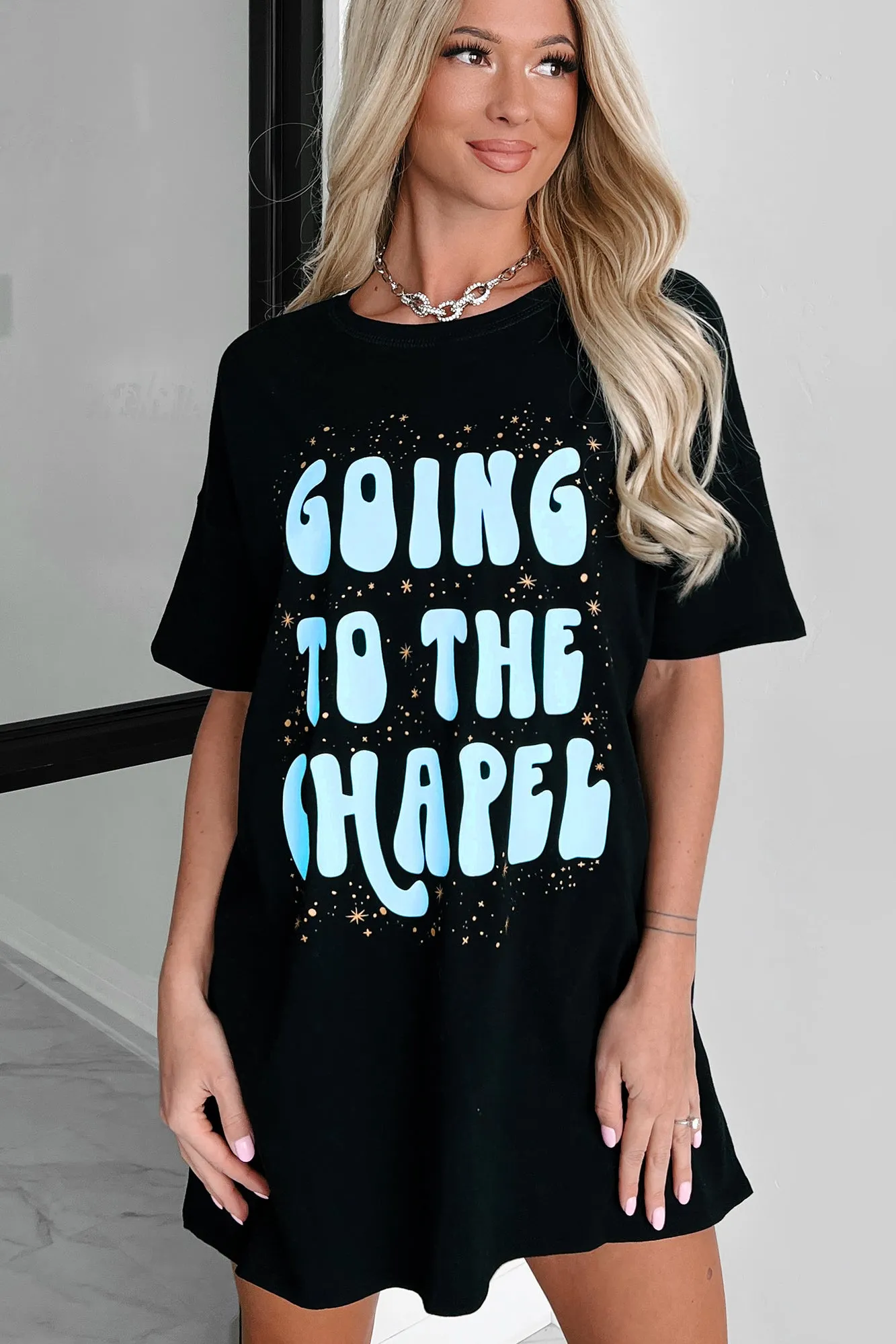 "Going To The Chapel" Oversized Metallic Graphic T-Shirt Dress (Black) - Print On Demand