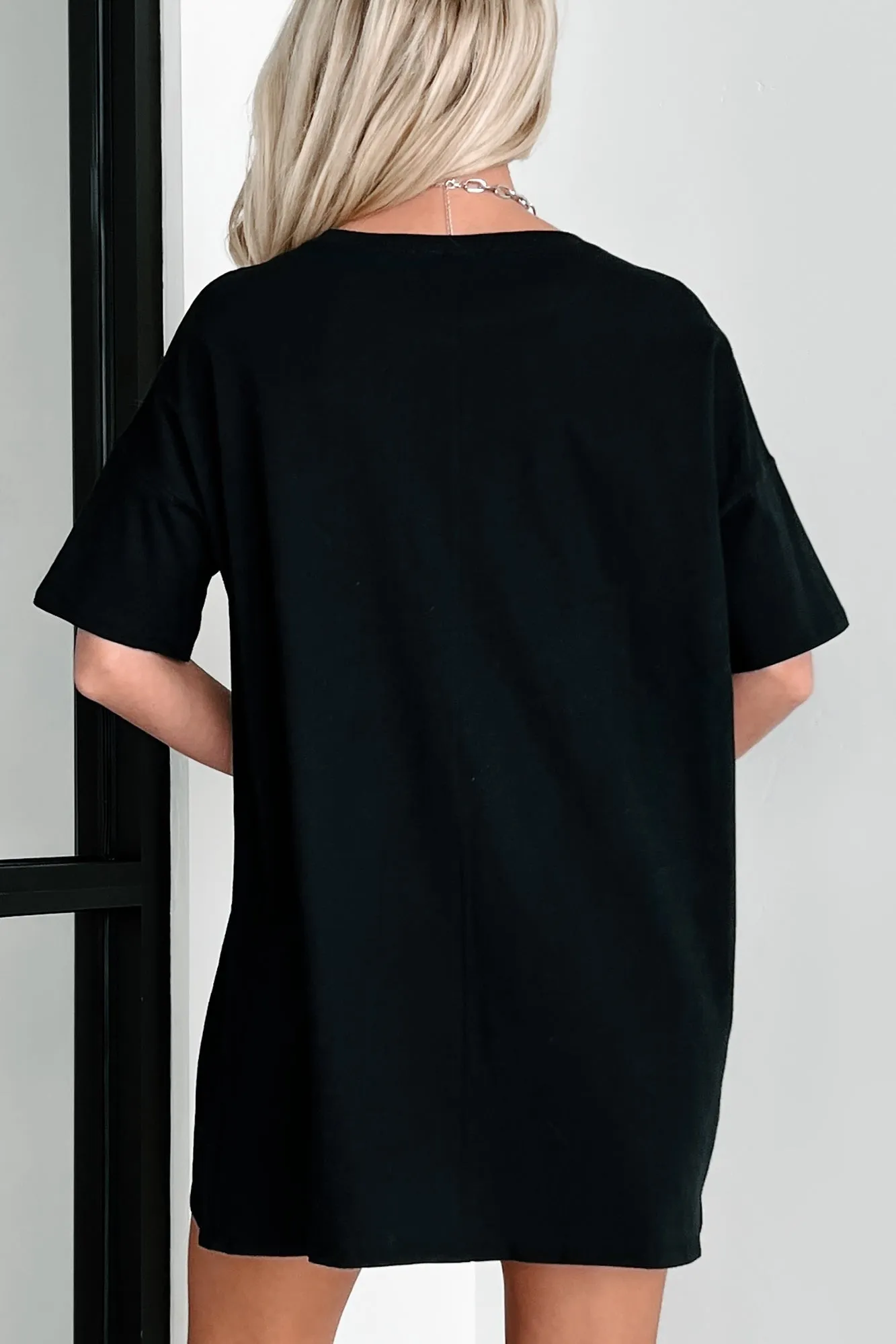 "Going To The Chapel" Oversized Metallic Graphic T-Shirt Dress (Black) - Print On Demand