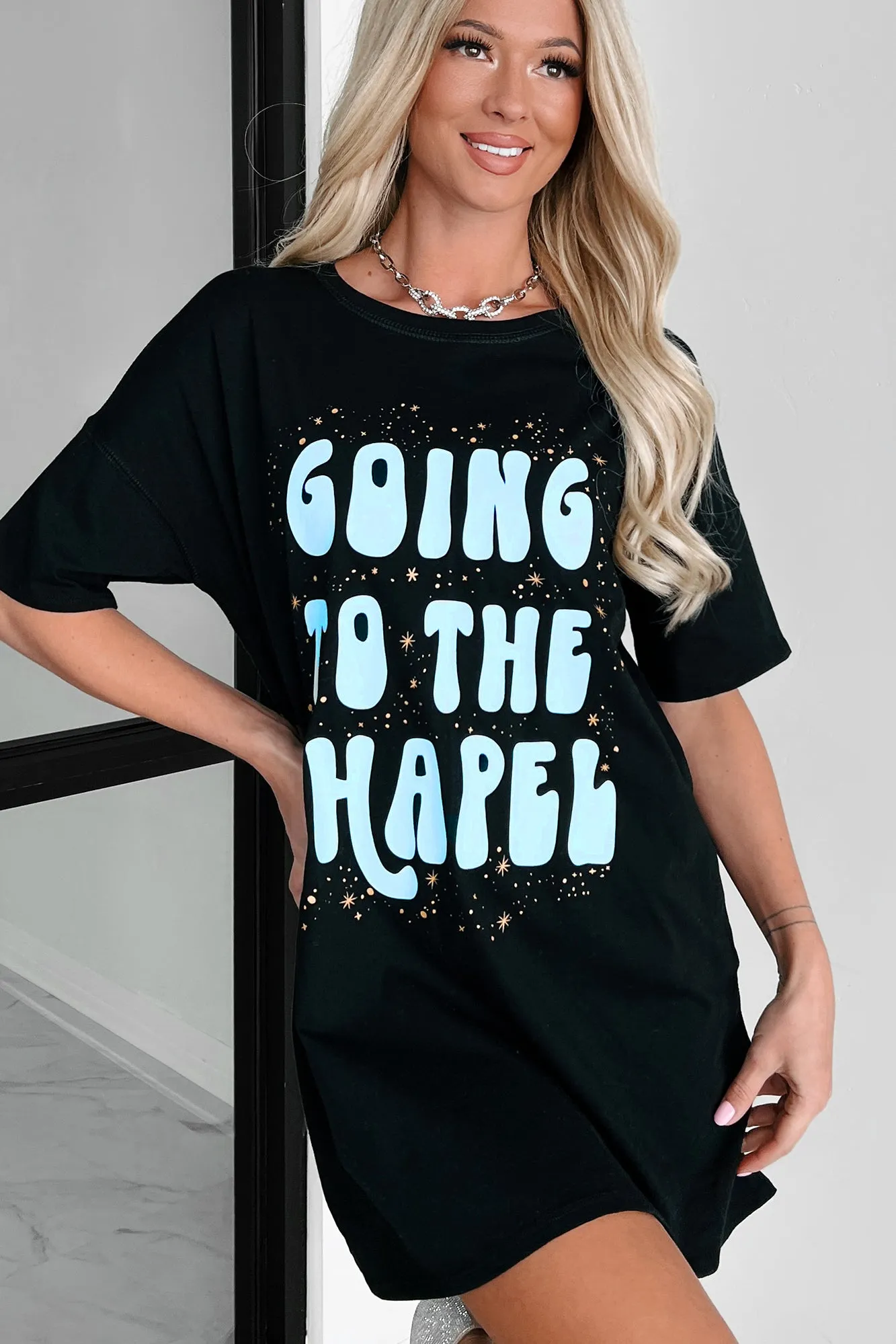 "Going To The Chapel" Oversized Metallic Graphic T-Shirt Dress (Black) - Print On Demand