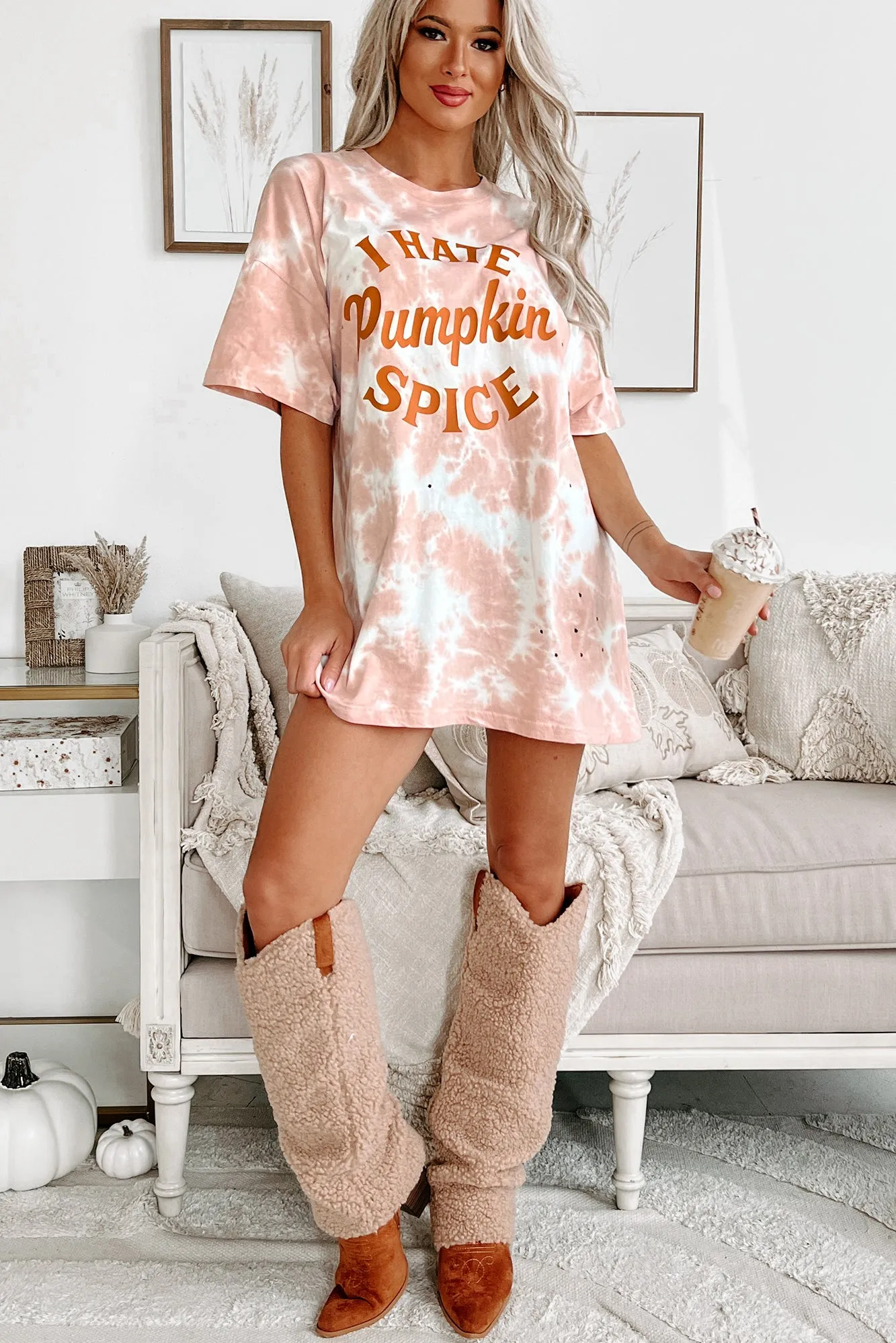 "I Hate Pumpkin Spice" Oversized Distressed Tie-Dye Graphic T-Shirt (Pastel Pink) - Print On Demand