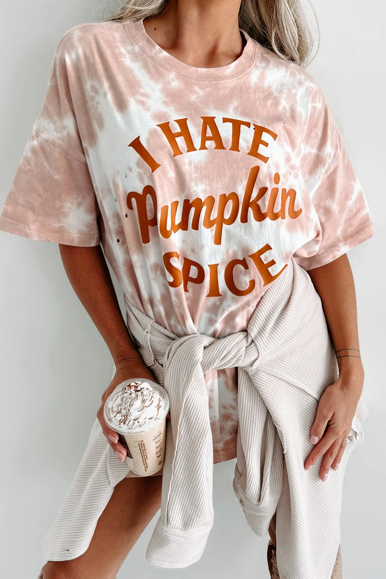 "I Hate Pumpkin Spice" Oversized Distressed Tie-Dye Graphic T-Shirt (Pastel Pink) - Print On Demand