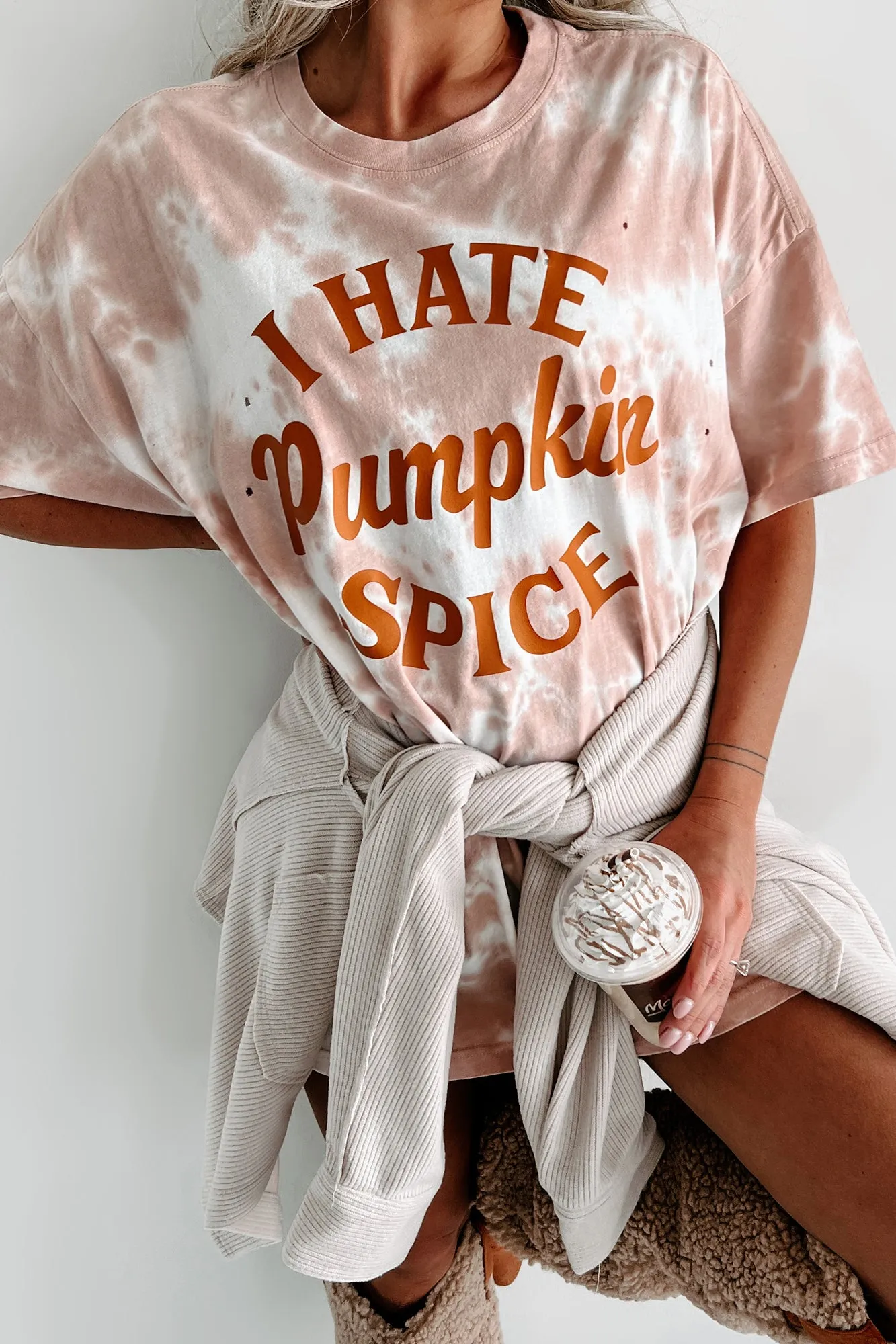 "I Hate Pumpkin Spice" Oversized Distressed Tie-Dye Graphic T-Shirt (Pastel Pink) - Print On Demand