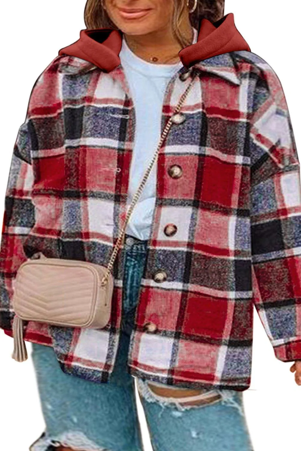 Red Plus Size Plaid Hooded Shacket