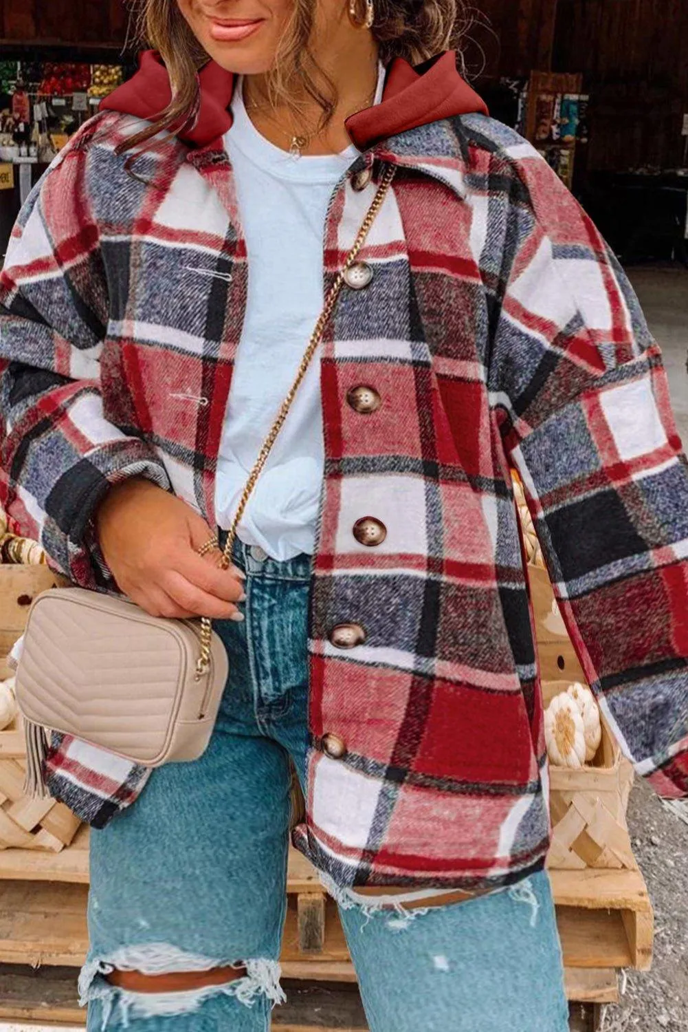 Red Plus Size Plaid Hooded Shacket