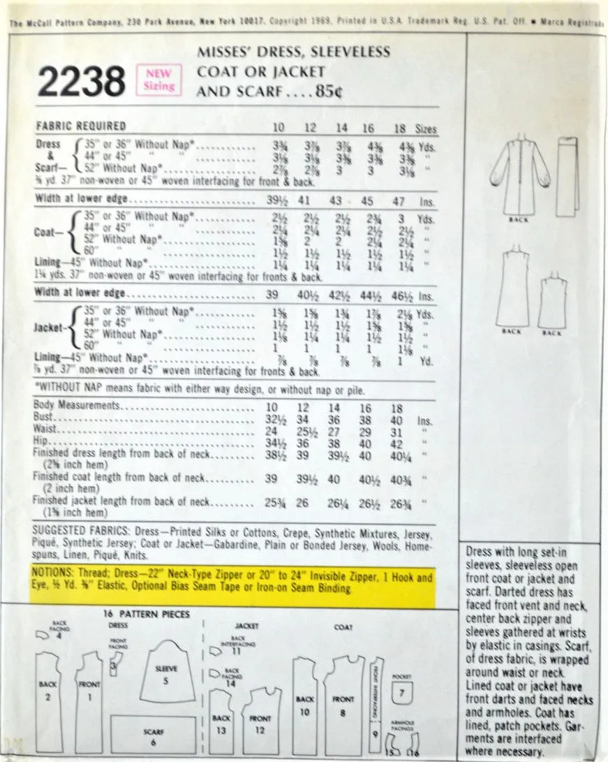 RETRO 60s McCalls 2238 Dress and Sleeveless Coat Jacket Scarf Pattern Vintage Sewing Pattern UNCUT