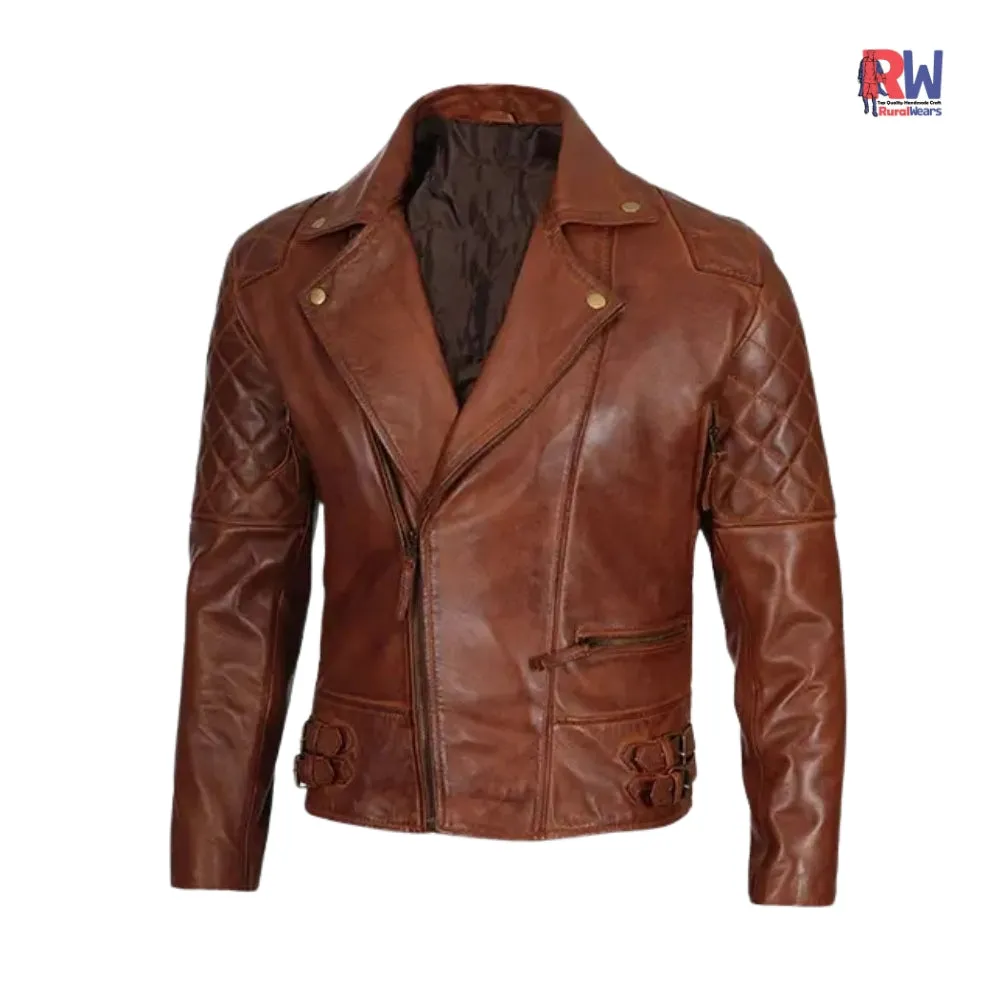 RW Authentic Sheepskin MEN’S CLASSIC DIAMOND QUILTED TAN BROWN LEATHER JACKET