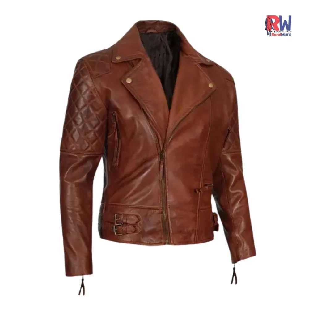 RW Authentic Sheepskin MEN’S CLASSIC DIAMOND QUILTED TAN BROWN LEATHER JACKET