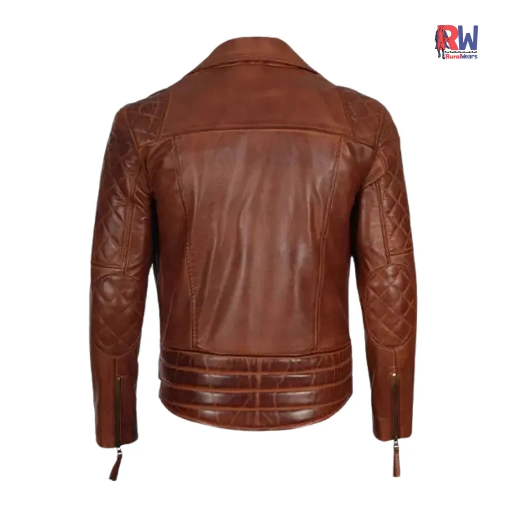 RW Authentic Sheepskin MEN’S CLASSIC DIAMOND QUILTED TAN BROWN LEATHER JACKET