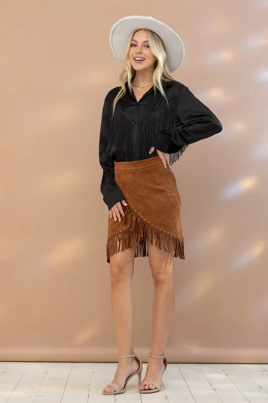 Satin Shirt Blouse with Chevron Fringe