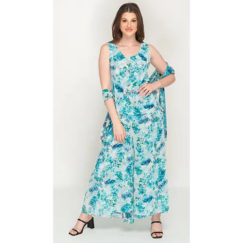 Sleeve Less Bluish Floral Printed Reversible Pant Set For Women