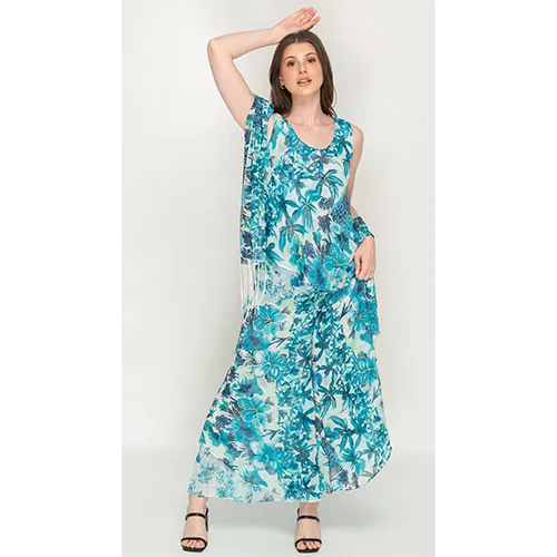 Sleeve Less Bluish Floral Printed Reversible Pant Set For Women