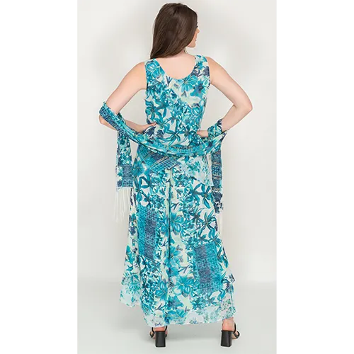 Sleeve Less Bluish Floral Printed Reversible Pant Set For Women