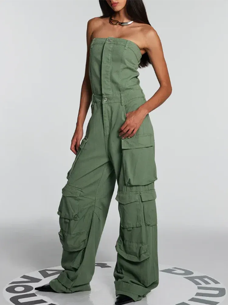 Solid Casual Loose Jumpsuits For Women Strapless Sleeveless High Waist Spliced Pockets  Jumpsuit Female Fashion Clothing