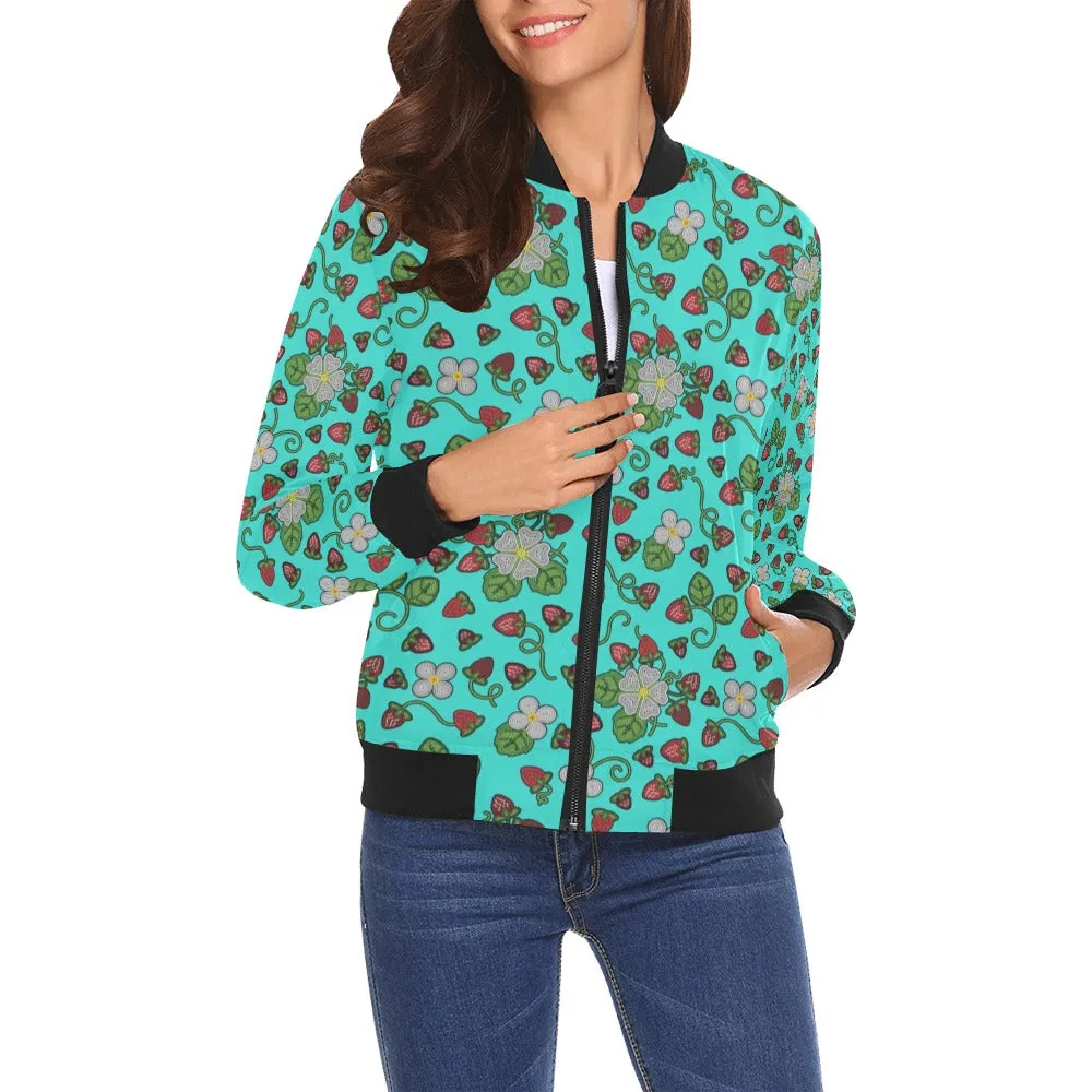 Strawberry Dreams Turquoise All Over Print Bomber Jacket for Women