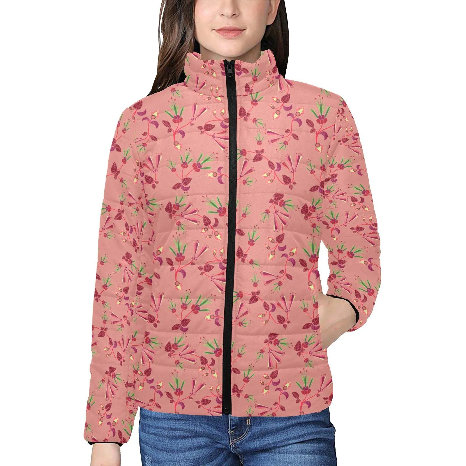 Swift Floral Peach Rouge Remix Women's Stand Collar Padded Jacket