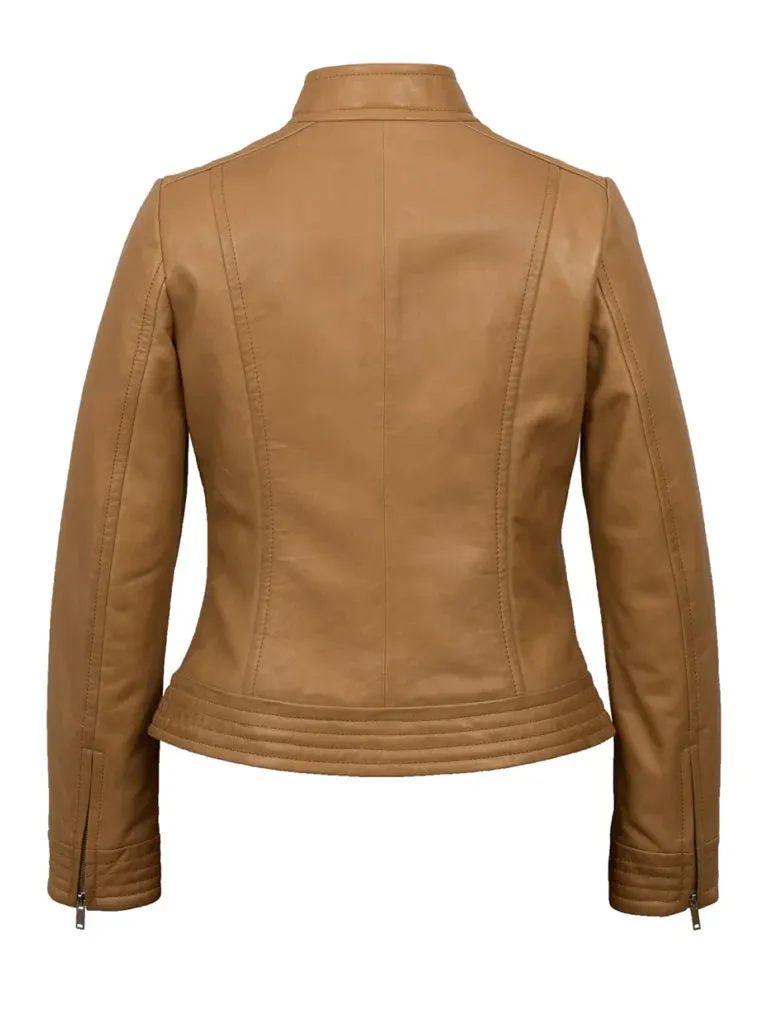 Tan Brown Sheepskin Biker Leather Jacket