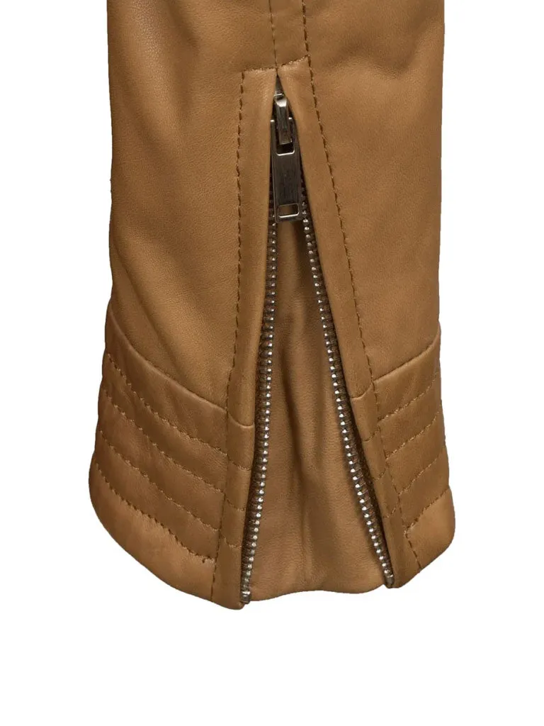 Tan Brown Sheepskin Biker Leather Jacket