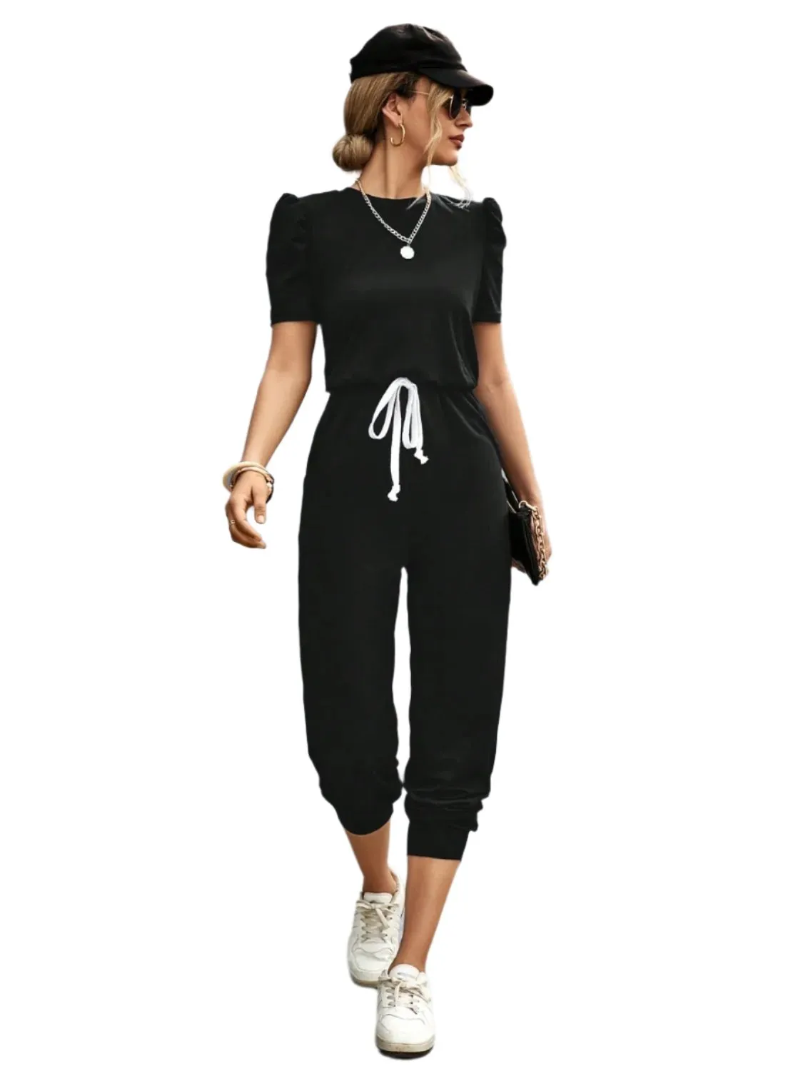 TEEK - Round Neck Short Sleeve Sweatsuit Jumpsuit